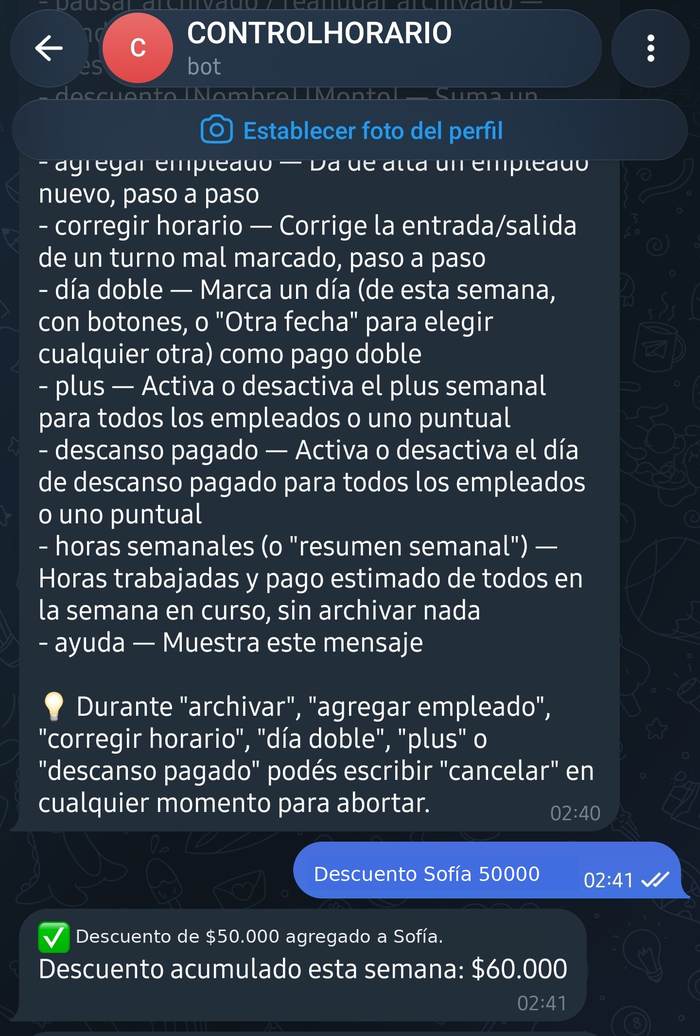 Bot de Telegram confirmando que se agregó un descuento a un empleado